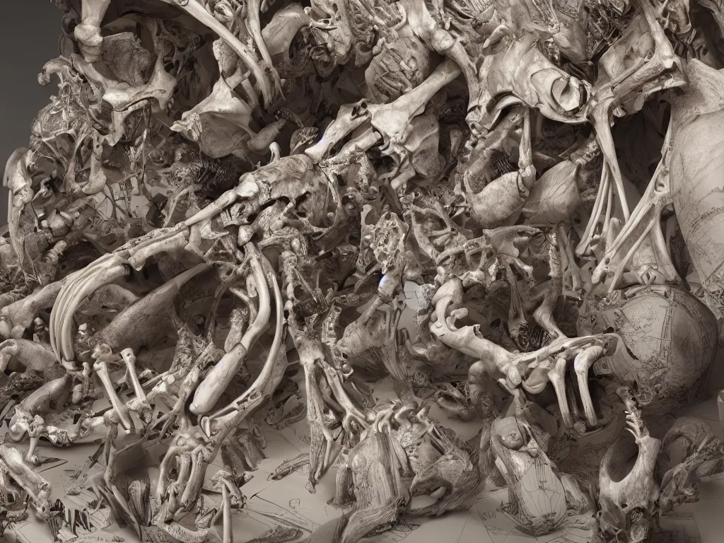 Prompt: cinematic scene of a detailed and intricate design of the back of full female anatomy wrapped in bones, maximalist, real, studio shot, dynamic lighting, great finesse organic hyper detailed, engineering blueprints, technical drawings, calculus, stained paper, hyperrealistic, ultra detailed, 4K, octane render, unreal engine