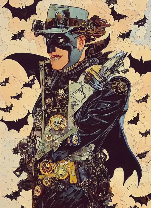 Image similar to !!!!! very coherent!!!!! oil painting, steampunk batman illustration detailed patterns, bats pop art, bats splash painting, bats, art by ashley wood, alphonse mucha, makoto shinkai, geof darrow, dark shadow