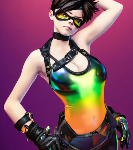 Image similar to full body digital artwork of tracer overwatch, wearing black iridescent rainbow latex tank top, 4 k, expressive happy smug expression, makeup, in style of mark arian, wearing detailed black leather collar, chains, black leather harness, leather cuffs around wrists, detailed face and eyes,