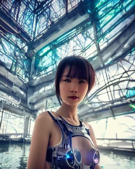 Prompt: beautiful centered photo of korean girl as a solarpunk cyborg with white mechanical parts and implanted bright halogen lamps, treading above calm water, ultra - realistic and detailed, sun lit, white background, bokeh, soft focus, slow exposure hdr 8 k