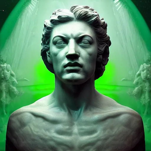 Image similar to 3 d sci - fi cgartist rendering of a hyper realistic marble greek statuary bust floating in space, at the vast pulsating interdimensional fractal space portal at the psychedelic vaporwave event horizon by chris moore, by edward hopper, by col price, trending on artstation