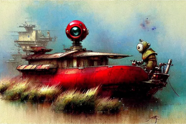 Image similar to adventurer ( ( ( ( ( 1 9 5 0 s retro future robot android mouse house boat tug boat calm stream. muted colors. ) ) ) ) ) by jean baptiste monge!!!!!!!!!!!!!!!!!!!!!!!!! chrome red