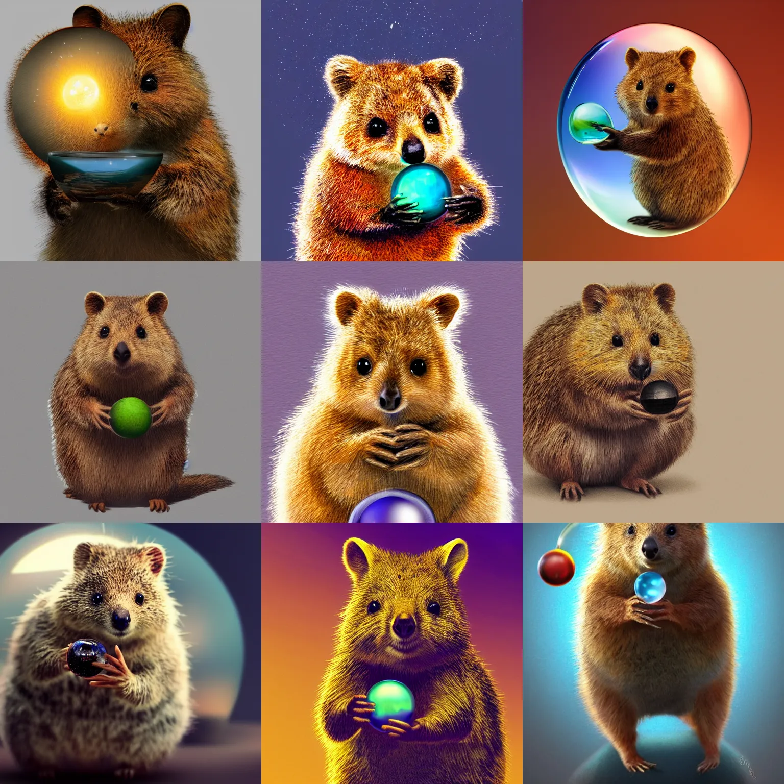 Prompt: photo of a quokka holding a glass orb, intricate, highly detailed, digital painting, artstation, concept art, smooth, sharp focus, illustration, vfx