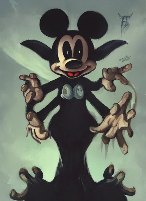 Image similar to a painting of baphomet mickey mouse, concept art by brom, trending on cgsociety, gothic art, apocalypse art, cosmic horror, # vfxfriday