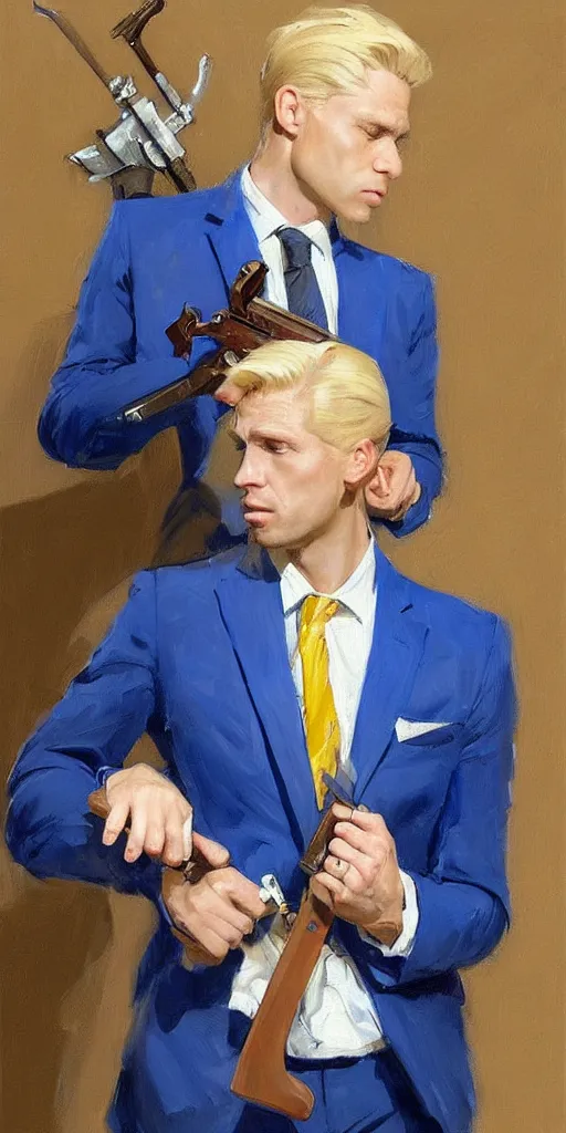 Image similar to greg manchess portrait painting of a blond man in a blue suit with a sword and a pistol, asymmetrical, profile picture, organic painting, sunny day, matte painting, bold shapes, hard edges, street art, trending on artstation, by huang guangjian, gil elvgren, ruan jia, randy vargas, greg rutkowski