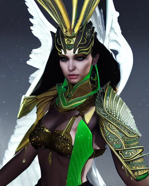 Image similar to sultry egyptian queen wearing white dove wings, warframe armor, regal, attractive, ornate, sultry, elize theron, pretty face, green eyes, scifi platform, 4 k, ultra realistic, epic lighting, illuminated, cinematic, black gold, art by akihito tsukushi, voidstar