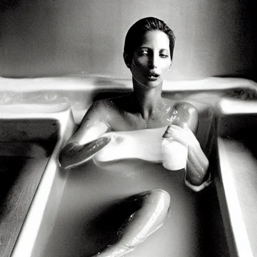 Prompt: Herb Ritts sepia-toned high-contrast photo of Christy Turlington emerging from a milk bath, vignette, grainy film, shallow depth of field