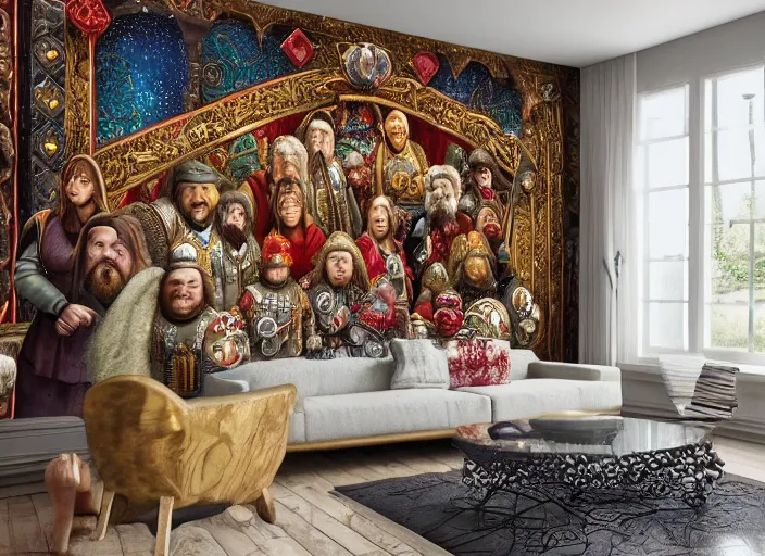 Image similar to jewel encrusted dwarven mural depicting a family history of mountain dwarves. a large ruby is the focal point of the mural