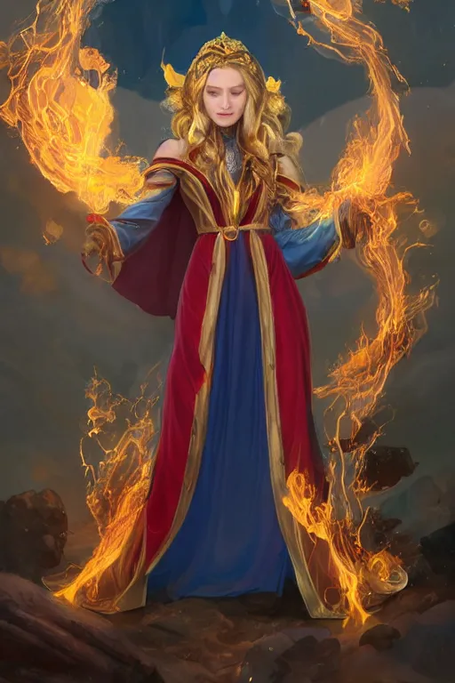 Prompt: Full portrait of Elementalist, female, gorgeous, beautiful face, Red and blue garments, yellow robes, brass bracelets, transparent cloak from neck to ankles, pin-up, surrounded by fire, ice and thunder, highly detailed, smooth, sharp focus, digital painting, illustration, by by Albert Aublet, Krenz Cushart, WLOP and Sakimichan, artstation