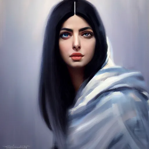 Prompt: greek ameera al taweel , blue eyes, black hair, beautiful face, oild painting, Hyper-realistic, Highly Detailed, HD, by Brom, by beeple, studio ghibli, wallpaper, highly detailed, trending on artstation