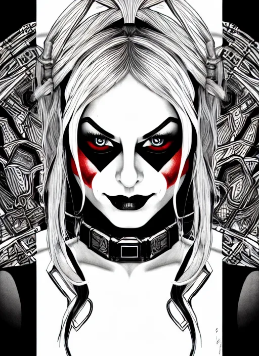 Image similar to symmetry concpet art, full shot, traditional ink, sketch, of olivia wilde as harley quinn, line sketch, intricate, elegant, highly detailed, monochrome, digital painting, artstation, concept art, sharp focus, illustration, art by borderlands 3 and peter polach