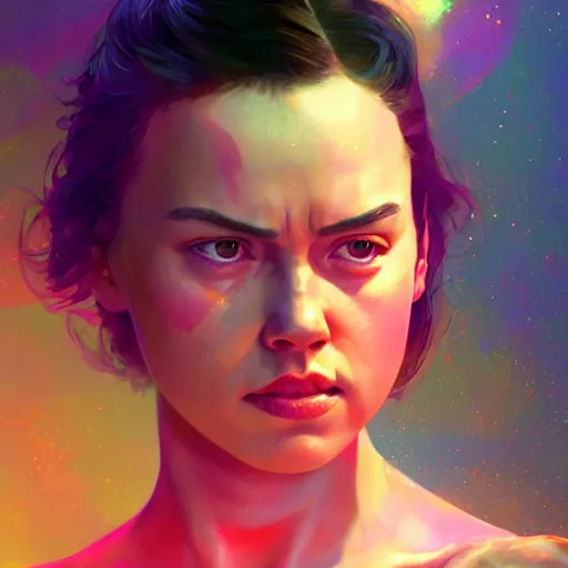 Image similar to daisy ridley ( star wars ), full body portrait colorful oil painting by android jones, john jean, yuumei, yanjun cheng, unreal 5, daz, hyperrealistic, octane render, rpg portrait, dynamic lighting, fantasy art, beautiful face