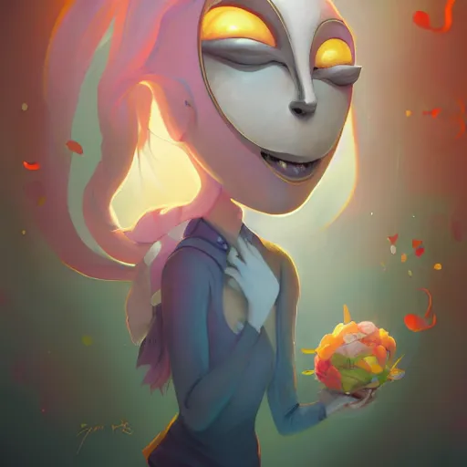 Image similar to a portrait of the happy mask salesman, cute, beautiful, art by lois van baarle and loish and ross tran and rossdraws and sam yang and samdoesarts and artgerm and saruei and disney and wlop, digital art, highly detailed, intricate, sharp focus, trending on artstation hq, deviantart, unreal engine 5, 4 k uhd image