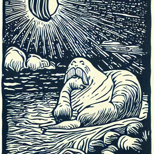 Prompt: freya the walrus in heaven, linocut