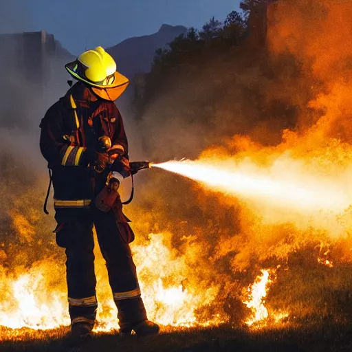 Image similar to photo of a firefighter using a flamethrower projecting a long bright flame. award-winning, highly-detailed