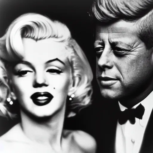 Image similar to damaged photo of marilyn monroe and jfk by diane arbus, black and white, high contrast, soft focus, rolleiflex, 5 5 mm f / 4 lens