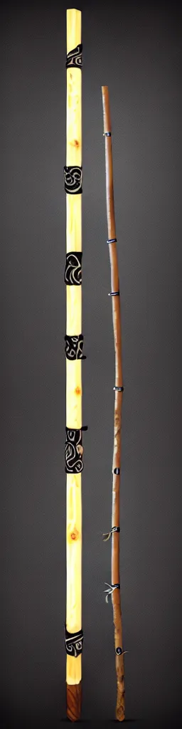 Prompt: picture of a single wooden long futuristic thin ninja staff with ornaments, carving, highlight, weapon, cyberpunk, sci - fi, fantasy, close shot, single long stick, bright background