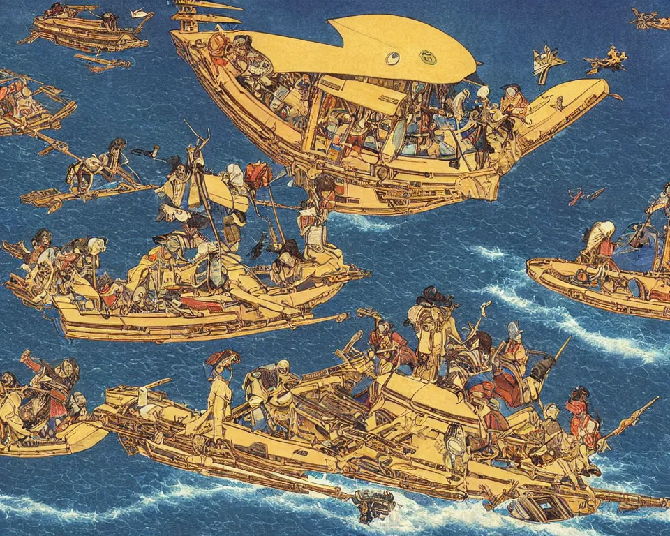 Image similar to the golden age of intergalactic piracy by Raphael and Hasui Kawase.