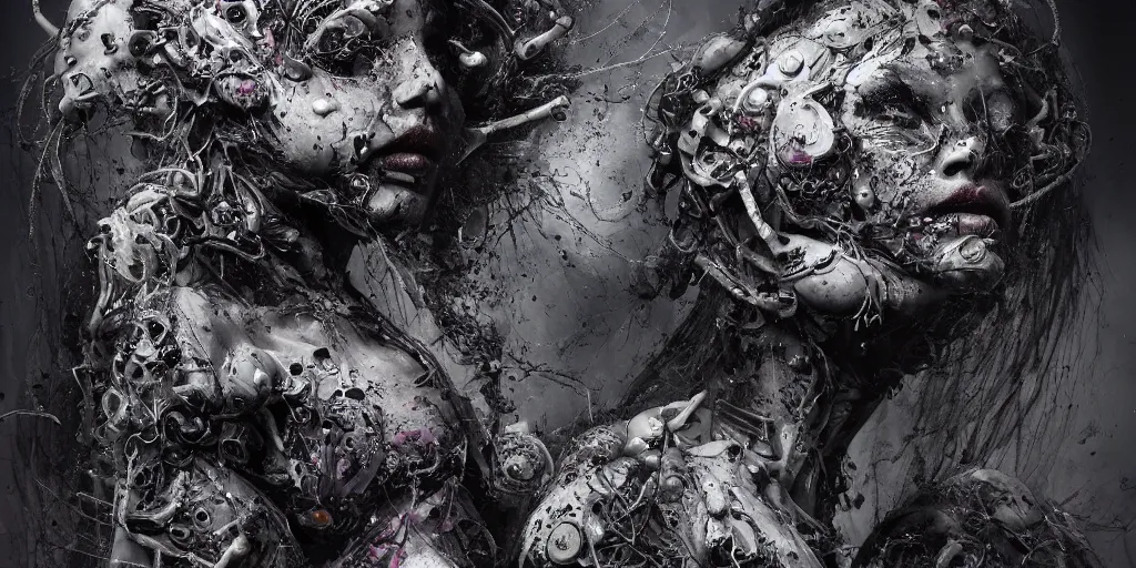 Image similar to hyperrealistic splatterpunk photography of a highly detailed and symmetrical gorgeous cyborg nymph awash in a sea of black soot in the style of beth cavener, jin kagetsu, james jean and wlop, highly detailed, face symmetry, masterpiece, award - winning, sharp focus, intricate concept art, ambient lighting, 8 k, artstation