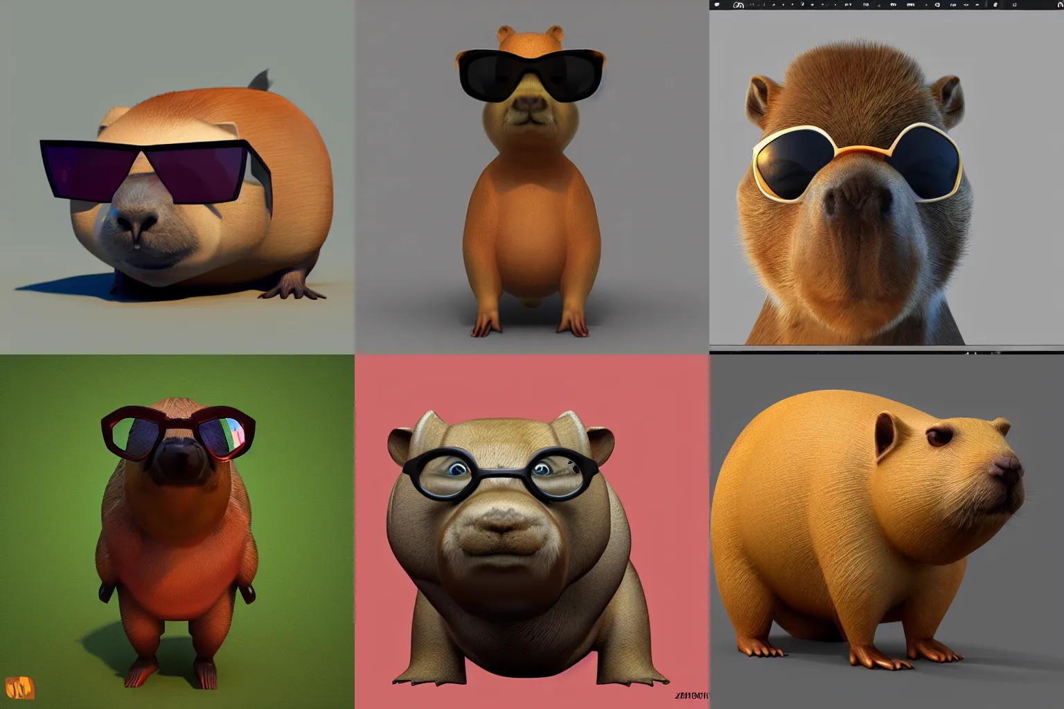 Prompt: 3d render of a stylized capybara wearing sun glasses, featured in artstation, zbrush, marmoset toolbag