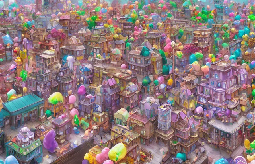 Image similar to town made of candy, artstation, ghibli studio, pixar, dreamworks, disney, epic composition, unreal engine, intricate details