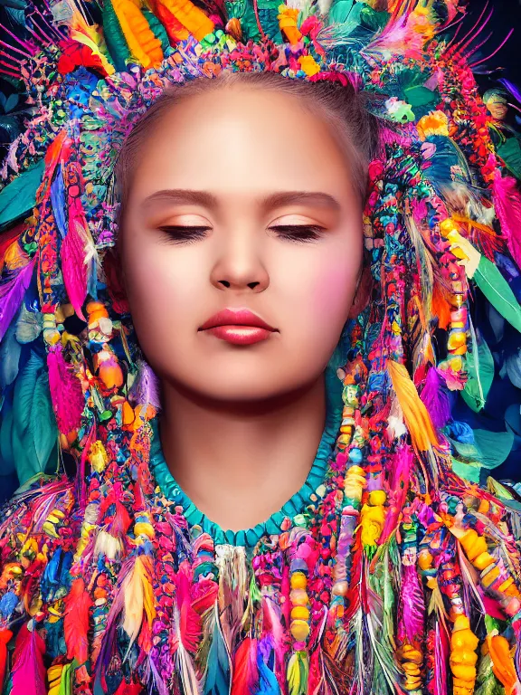 Prompt: beautiful portrait of a Subtropics minority female wearing fantastic Hand-dyed cotton dress, embellished beaded and feather decorative fringe knots ,colorful pigtail,among subtropical flowers and plants,symmetrical face,intricate, cute, playful,elegant, highly detailed, dim volumetric lighting, 8k,post-processing,digital painting, trending on artstation, concept art, sharp focus, illustration,by Steve McCurry and Tom Bagshaw and Daniel Gerhartz and Albert Aublet and Lawrence Alma-Tadema
