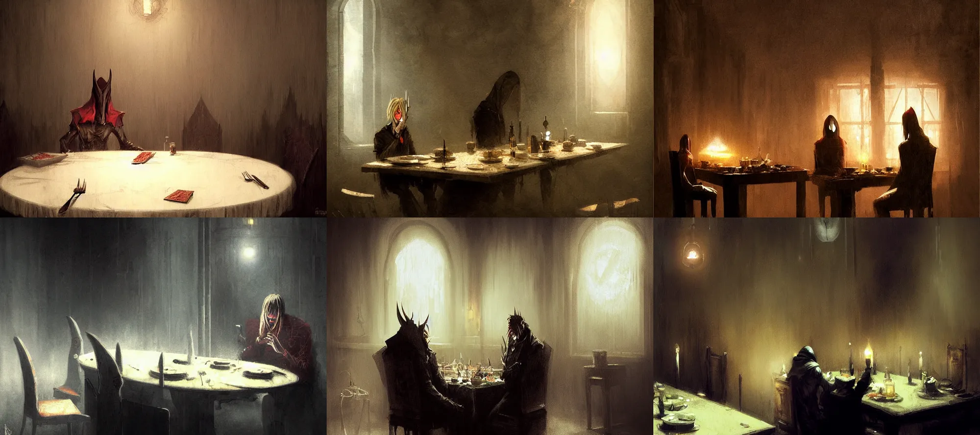 Prompt: sauron silent hill eating dinner at a table in the backrooms happiness is temporary by greg rutkowski