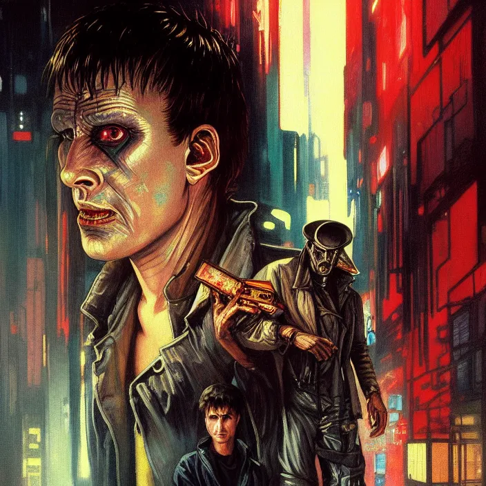 Image similar to excellent painted portrait of a replicant street vendor from blade runner (1982), cyberpunk blade runner art, character artwork, 8k resolution artwork, trending on artstation, detailed oil painting portrait, art by artgerm and greg rutkowski and alphonse mucha and craig mullins and James Jean and Andrei Riabovitchev and Marc Simonetti and peter mohrbacher, matte painting