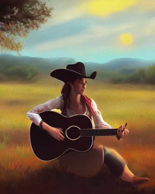 Image similar to a painting of a cowgirl playing a guitar and singing outdoors with texas hill - country in background, in the style of casey baugh, digital art