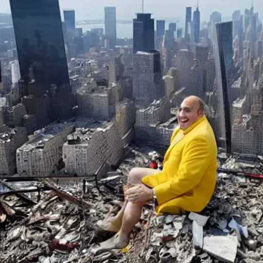 Prompt: a wide shot of a very drunk evil Rudy Giuliani squatting smiling wearing a yellow speedo on top of the world trade center rubble pile in new york