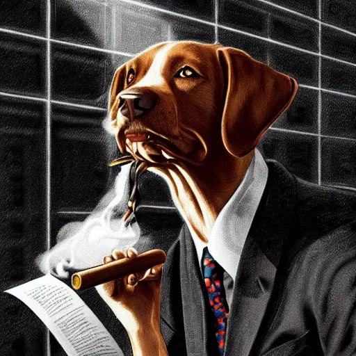 Image similar to a dog wearing a business suit smoking a cigar, dramatic lighting, cinematic, establishing shot, extremly high detail, photorealistic, cinematic lighting, concept art, artstation, style by greg rutkowsky