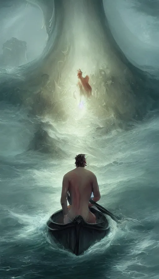 Image similar to man on boat crossing a body of water in hell with creatures in the water, sea of souls, by charlie bowater