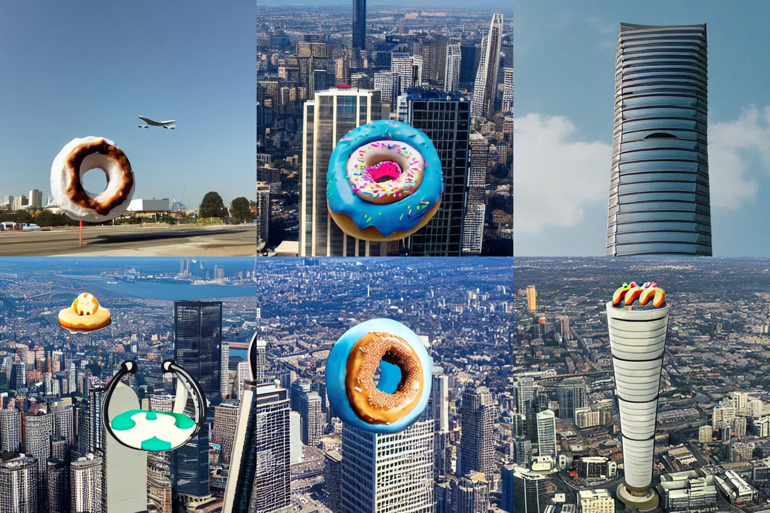 Prompt: a skyscraper in the shape of a donut through which an airplane flies