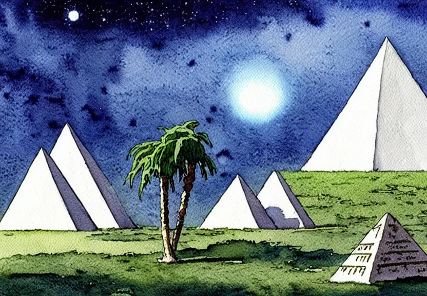 Image similar to a simple watercolor fantasy concept art of several large white pyramids with a dark grey boxy ufo from independence day ( 1 9 9 6 ) next to a palm tree at night with white pyramids in the background. by studio ghibli, rebecca guay, michael kaluta, charles vess