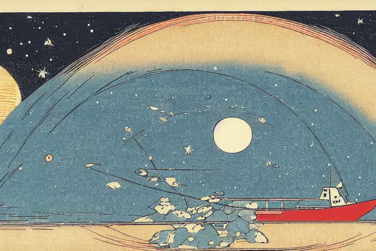 Image similar to hubble space telescope, with earth and stars in background ， by hiroshige utakawa