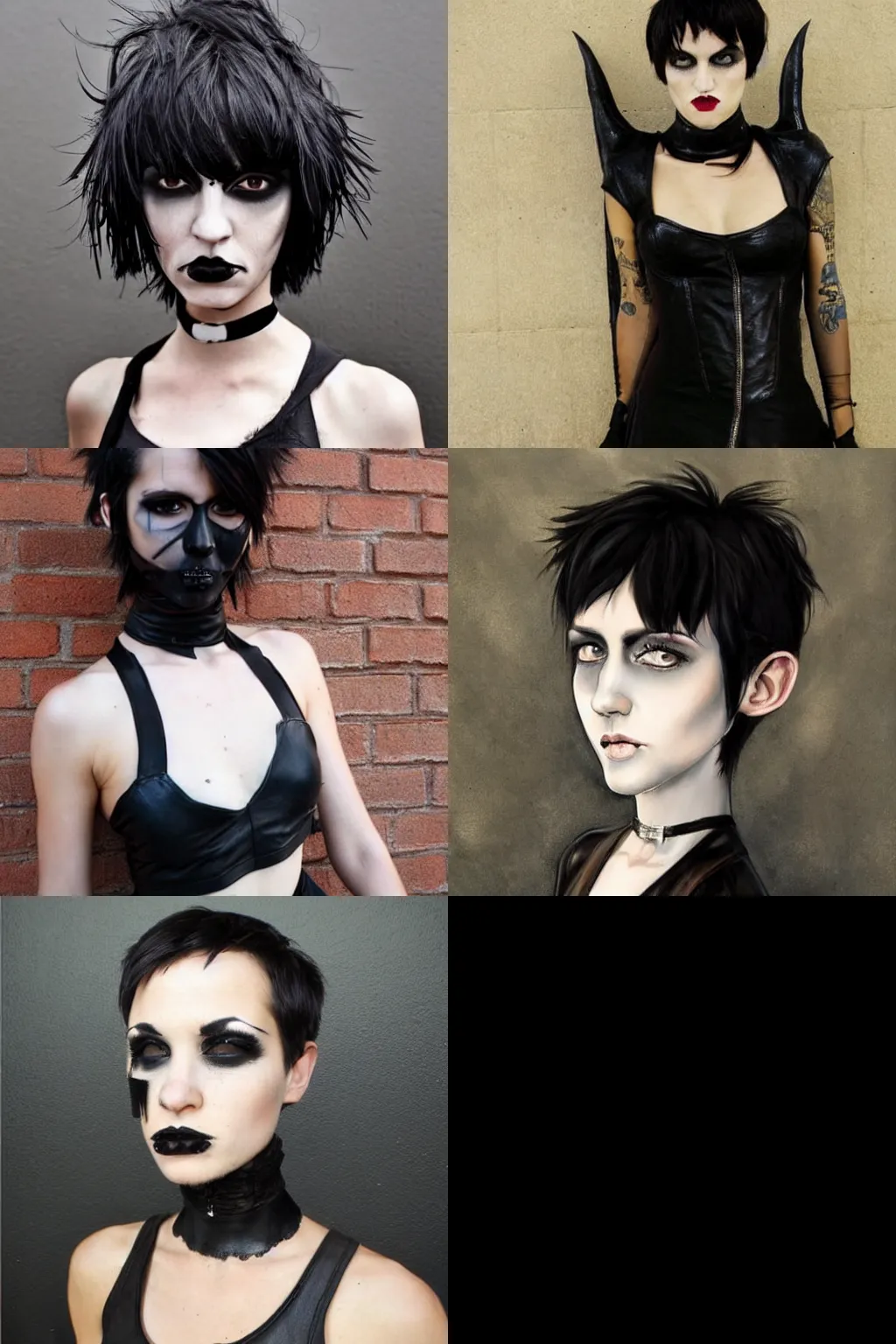 Prompt: goth painted by charles angrand. high - quality. short dark brown messy pixie haircut, large black eyes, slightly rounded face, pointed chin, small nose, black tank top, black leather jacket, black knee - length skirt, black choker.