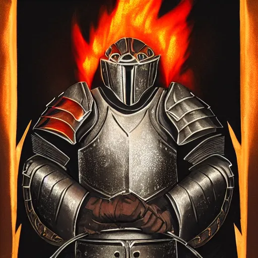 Prompt: a portrait of an armored knight, glowing with fire