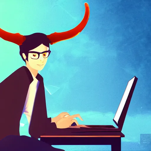 Prompt: a demon programmer gentleman ~ using a laptop ~ lava background ~ digital art ~ two horns ~ sitting on a chair ~