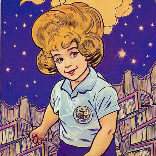Prompt: a cute little girl with a mischievous face and short brown wavy curly hair sitting on top of a tall pile of books. she is dressed as an astronaut. well composed, clean elegant painting, beautiful detailed face. comic book art by steve ditko and jack kirby and ( alphonse mucha )