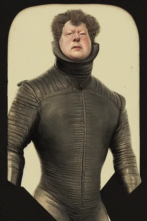 Image similar to daguerreotype of upper body portrait of baron harkonnen wearing leather spacesuit, detailed, illustration by normal rockwell, artstation character art, greg rutkowski