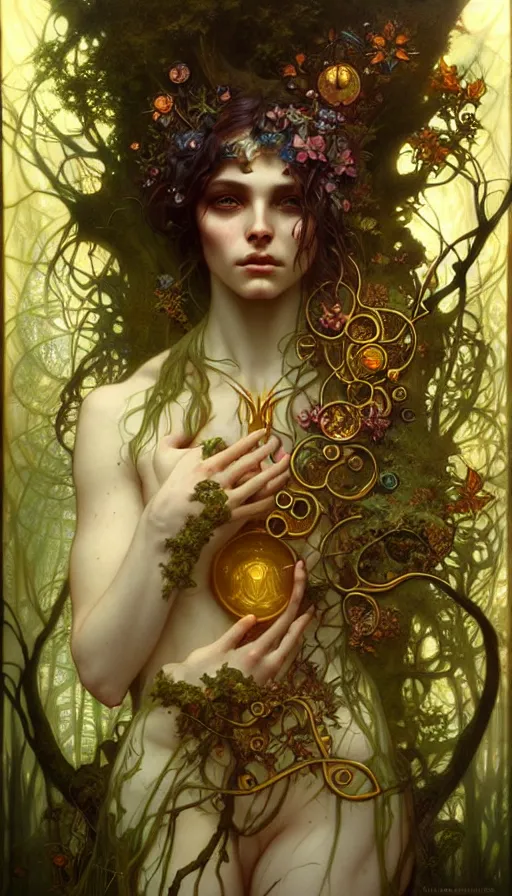 Image similar to consciousness concept art, lush forest, magic, gnarly details, gold, gems, dramatic lighting, denoised, painted by tom bagshaw, alphonse mucha