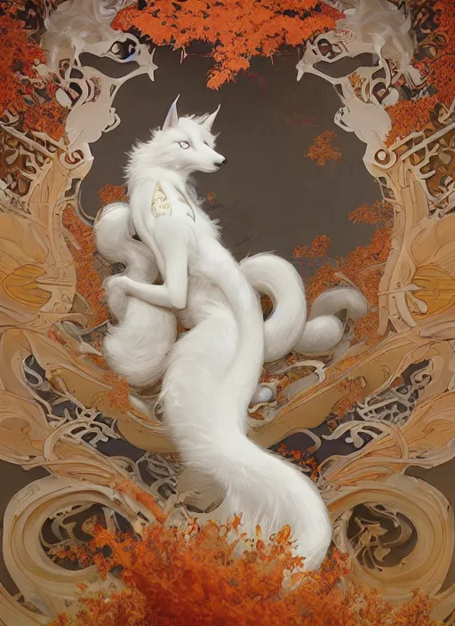 Image similar to white kitsune in autumn color kimono with art nouveau swirls, subsurface scattering, by jesper ejsing, justin gerard, tomasz alen kopera, cgsociety and fenghua zhong, highly detailed, rim light, cinematic lighting, illustration, art, octane render, very coherent, cinematic, hyper realism, high detail, octane render, 8 k