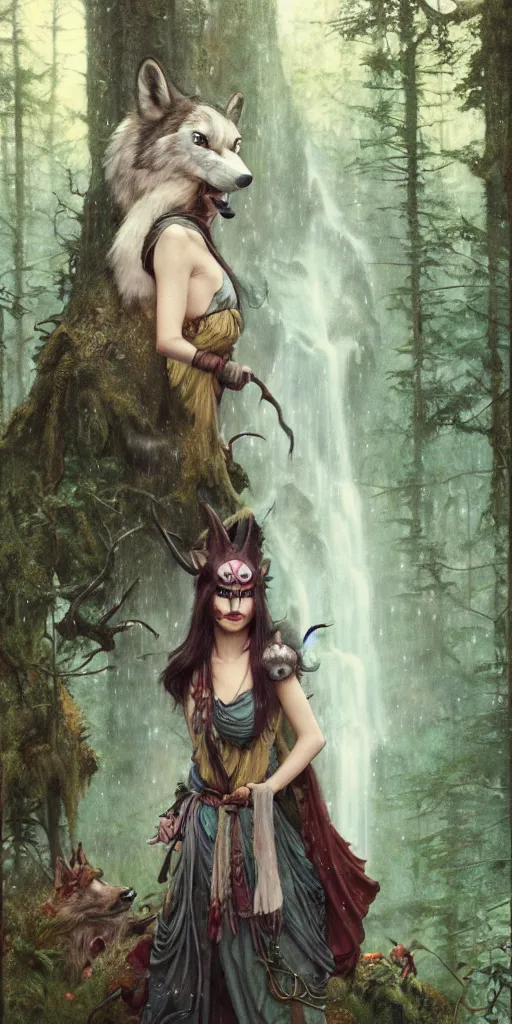 Image similar to hyper realistic Princess Mononoke in her mask, lush rainy forest landscape, wolves, magic, castle, jewels, style of tom bagshaw, mucha, james gurney, norman rockwell, gems and gold, waterfalls, denoised, sharp,