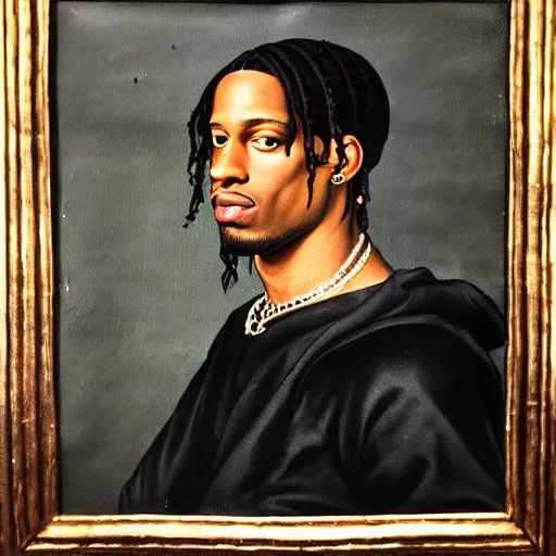 Image similar to a renaissance style portrait painting of travis scott