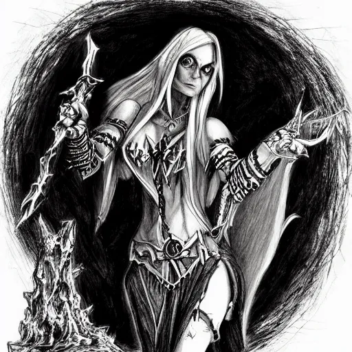 Prompt: dark elf sorceress who is summoning a demon in the style of warhammer fantasy : : head and shoulders drawing