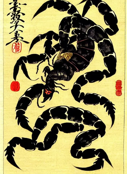 Image similar to mortal kombat's scorpion as a yokai illustrated by kawanabe kyosai and toriyama sekien