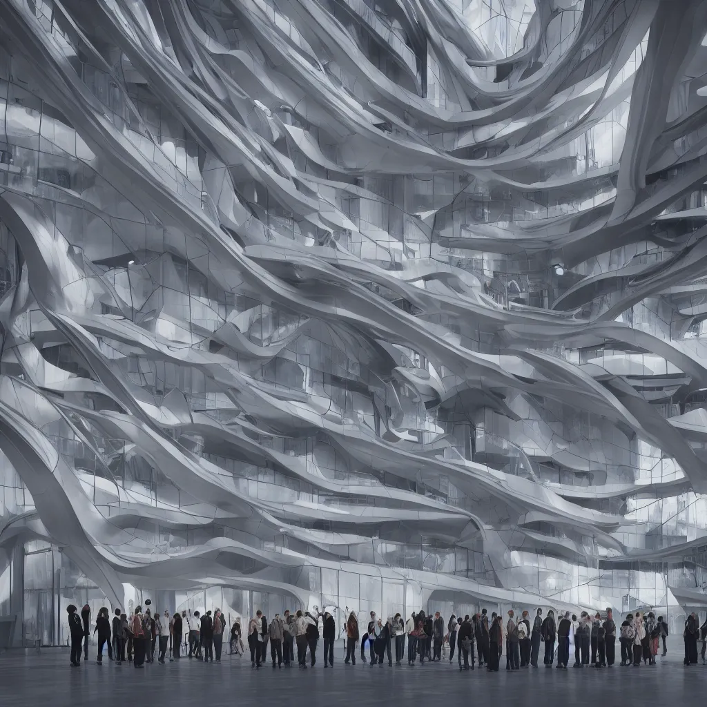 Image similar to a group of people standing around a building, a digital rendering by zaha hadid, unsplash, hypermodernism, vray, vray tracing, orthogonal