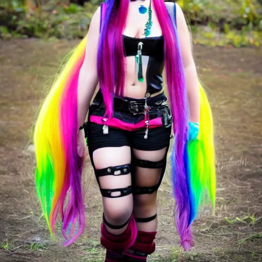 Image similar to full body photograph of tifa lockhart with rainbow hair