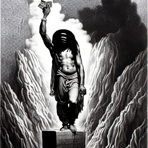 Prompt: cheef keef ascending into heaven holding stacks of cash, biblical image, style of gustave dore, highly detailed, beautiful, high contrast, black and white