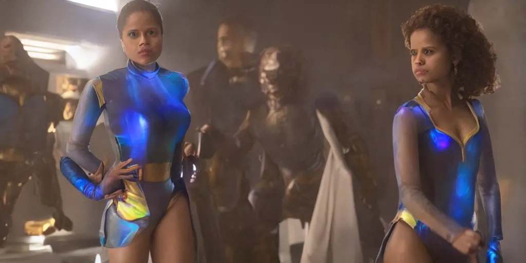 Image similar to wide angle movie stills of gugu mbatha - raw dressed as sue storm in her blue spandex fantastic four costume using her iridescent particles force field powers while battling doctor doom, and an army of shapeshifter lizard like humanoids called the skrulls